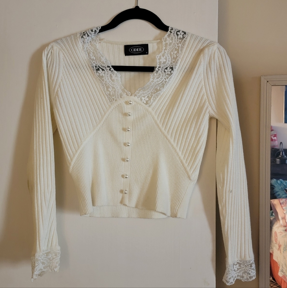 Cider Cream Lace Button-Up Crop Sweater By Cider